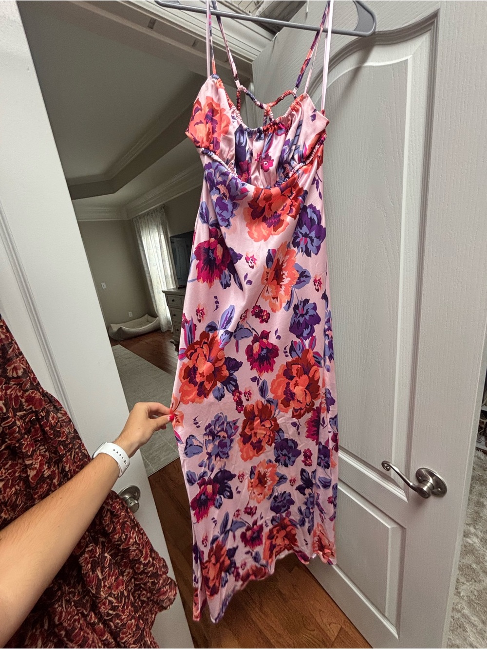 Hello Molly Pink Floral Midi Dress with Purple & Red Blooms